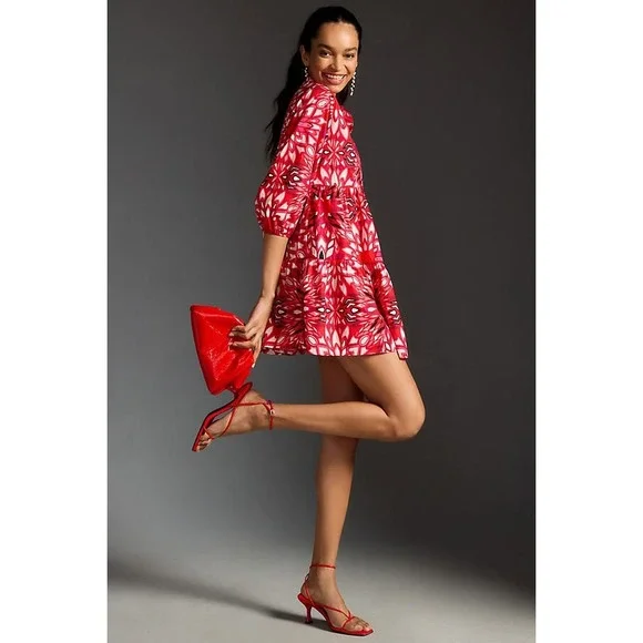 Maeve Anthropologie Bettina Mini Shirt Dress Red Floral Tiered Button Down Sz L - Picture 1 of 9